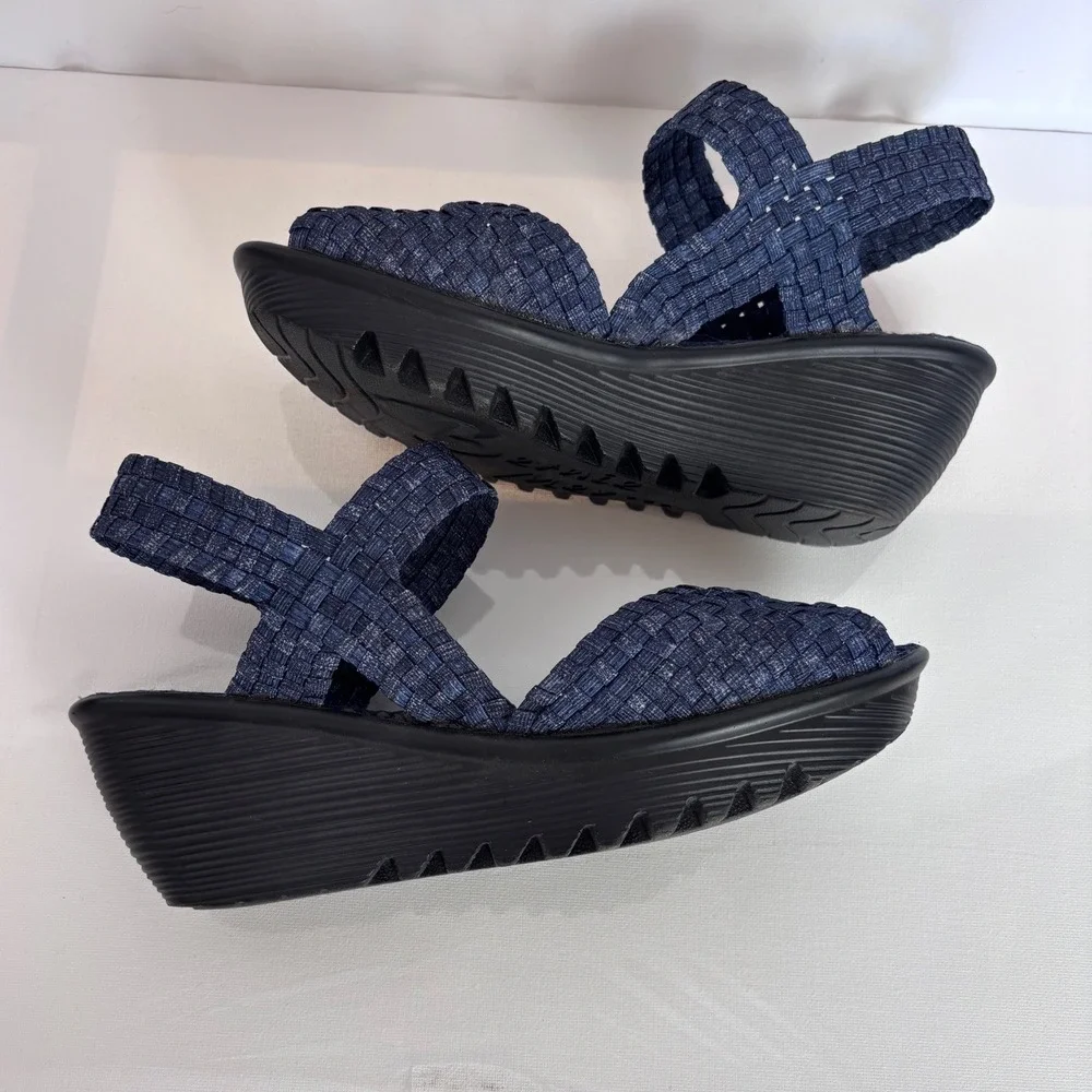 Bernie Mev Womens Lulia Navy Blue Woven Elastic Wedge Sandals Size 40 EU 9 US
